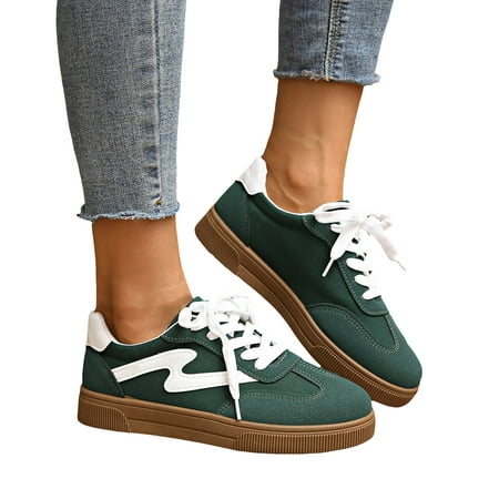 Womens Classic Retro Tennis Shoes Casual Lace Up Skate Shoes Rubber Sole Slip On Sneakers Non Slip Trainers Green Size 8