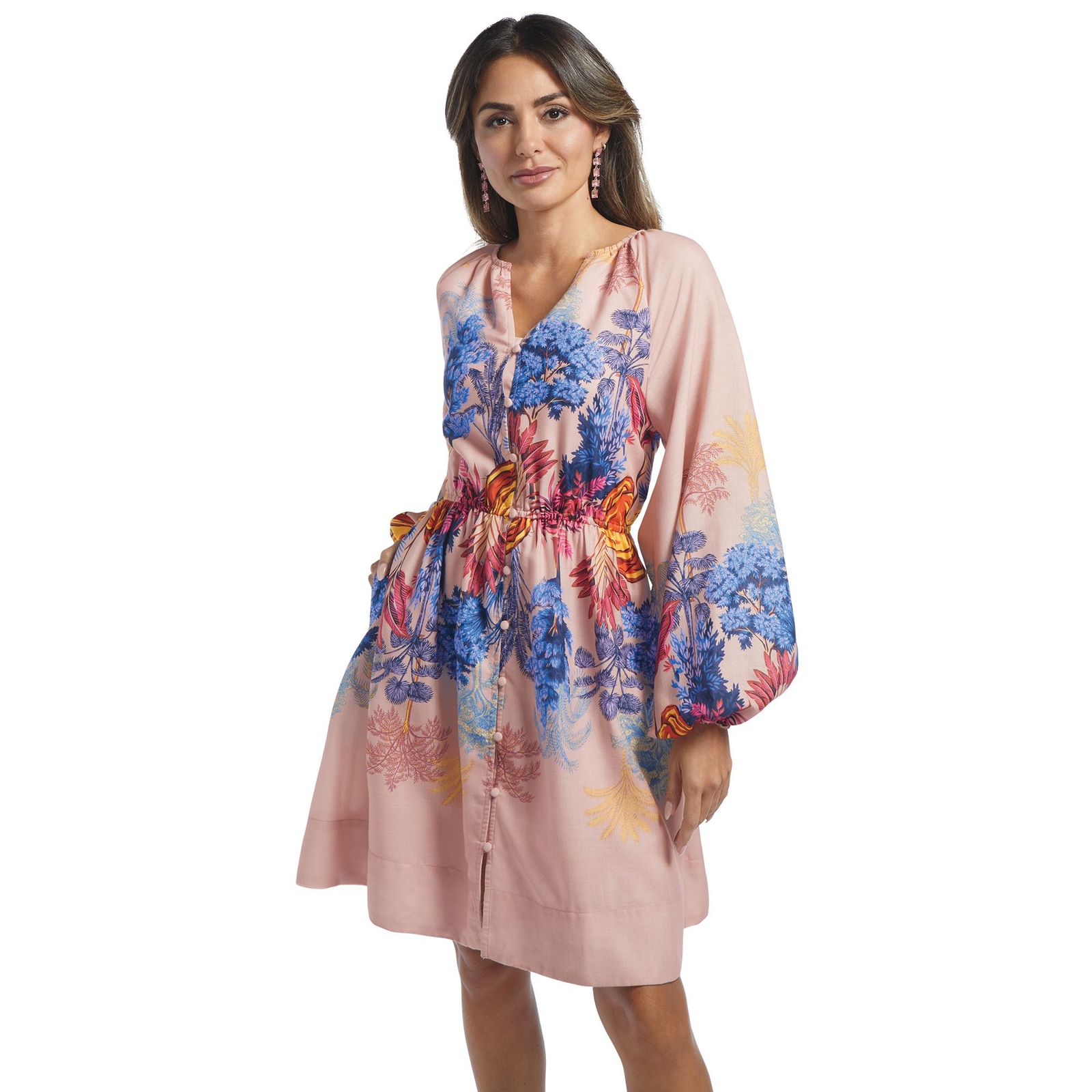 Masseys Garden A-Line Dress (Size M) Blush Tropical, Cotton,Polyester