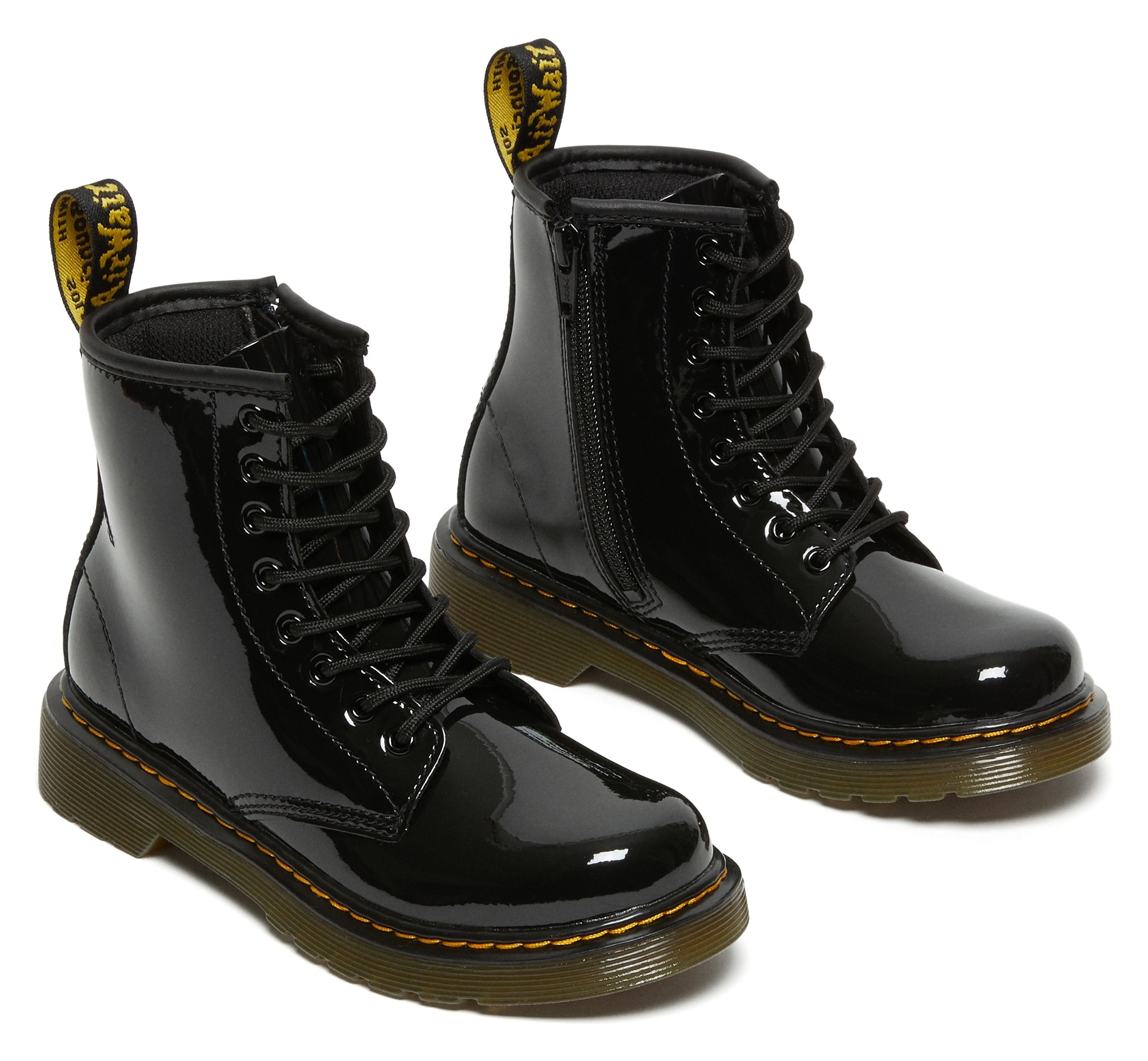 Schnürboots DR. MARTENS "Junior 1460 8-Loch Lacklederstiefel", Damen, Gr. 30, schwarz, Lackleder, glänzend, Schuhe Schnürboots, Lackstiefel, Kinderstiefel, Freizeitschuh mit Reißverschluss