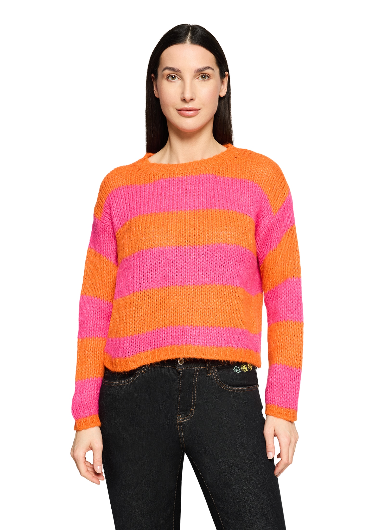 Strickpullover CARTOON "Damen mit Rundhalsausschnitt", Damen, Gr. 44, orange, pink, Obermaterial: 57% Polyacryl, 29% Polyamid, 7% Wolle, 7% Viskose, oversize normal, Rundhals, Pullover Strickpullover