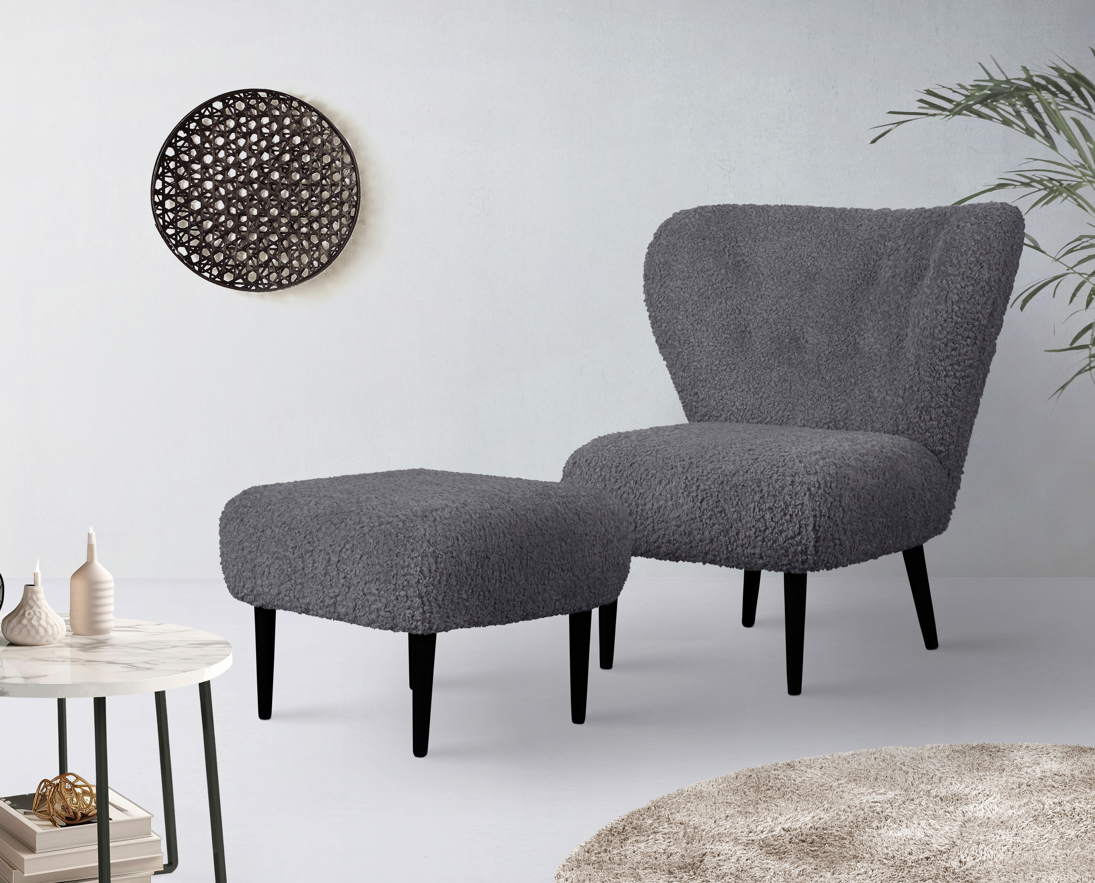 Sessel "Dinah", grau (dunkelgrau), B:84cm H:92cm T:83cm, 100% Polyester, LEGER HOME BY LENA GERCKE, Sessel, Sessel Sessel mit Hocker Einzelsessel Ohrensessel mit Hocker Ohrensessel, Knopfheftung im Rücken, wahlweise mit oder ohne Hocker