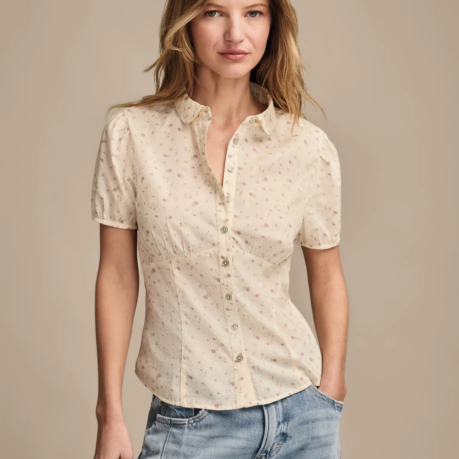 Lucky Brand Puff Sleeve Buttondown Shirt - Women's Clothing Button Down Tops Shirts in Cream Floral, Size XS