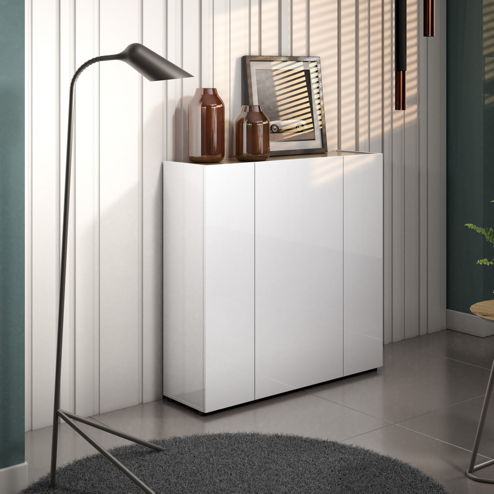 Schuhschrank HOME AFFAIRE "RUMBA,Schuhkommode,Schuhmöbel,Schuhablage,Schuhregal ca.24 paar Schuhe", weiß (weiß hglanz, eiche artisan, weiß hgl), B:116cm H:115cm T:34cm, Spanplatte, Schränke, Schuhschrank, 3 Türen, 10 Einlegeböden, 12 Fächer, Seiten...