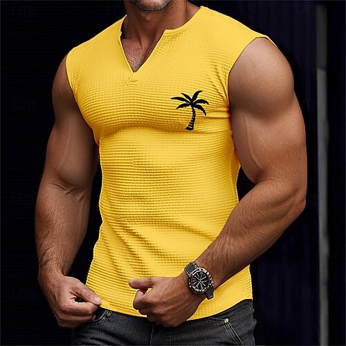Herren Waffelhemd Tank Top Unterhemd Ärmelloses Shirt Ärmellos V Ausschnitt Sommer Kokospalme Mode Designer Muskel Druck Outdoor Fitnessstudio Ausgehen Schwarz Weiß Gelb Top T-Shirt für Herren Image