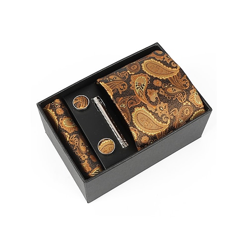 Geschenkset für Herren aus Polyester mit Paisley-Muster: Krawatte, Manschettenknöpfe, Einstecktuch und Krawattenklammer – perfekt für Hochzeiten und als Geschenk. Image