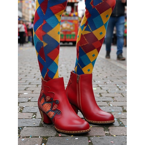 Damen Mardi Gras Karneval Blaue Blockabsatz-Ankle Boots – Premium Rindsleder bestickter Vintage Volksstil unterstützende Absätze für Paraden Kostüme den täglichen Gebrauch und festliche Anlässe Image
