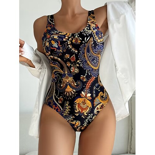 Damen Einteiler Badeanzug Figurschmeichelnd Boho Panty Strandbekleidung Sommer Grafik Paisley U-Ausschnitt Ärmellos Badeanzüge Image