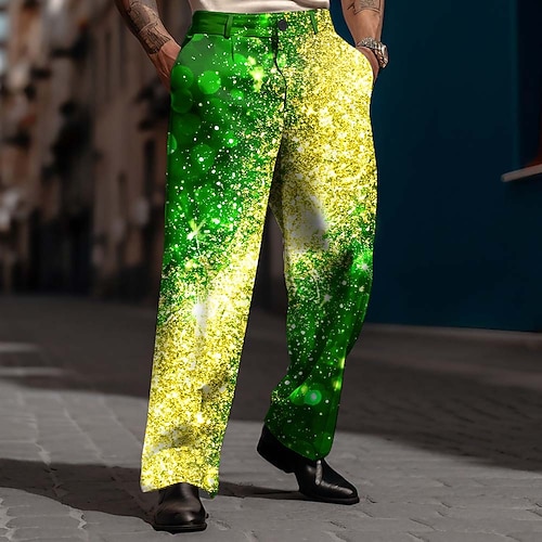 St. Patrick's Day Herren Vierblättriger Klee Shamrock Irische Flagge Hose Anzughose Mittelewaist Mode Lässig Urlaub Entspannt Fit Flachvorderhose mit Seitentaschen Frühling Herbst 3D Druck Image