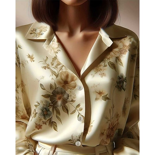 Damen Hemd Elegant Satin-Top Sommeroberteile Gerafft Patchwork Druck Blumen Grafik Einfach Elegant Vintage Damen Langarm Hemdkragen Normale Oberteile Täglich Arbeit Ferien Champagner Sommer Frühling Image
