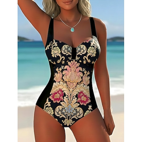 Damen Einteiler Badeanzug Figurschmeichelnd Unterdraht Boho Panty Elegant Urlaub Grafik Paisley V-Ausschnitt Ärmellos Badeanzüge Image