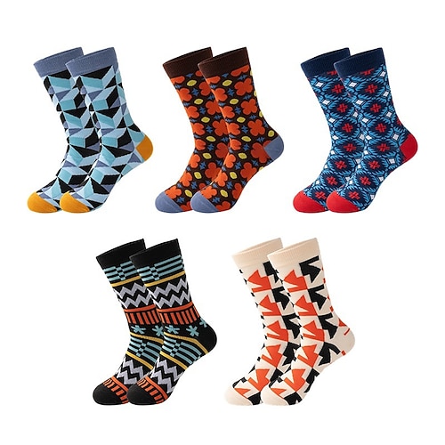 Herren 5 Paare Socken Laufsocken Freizeitsocken Blau Schwarz Farbe Geometrisch Outdoor Urlaub Alltagskleidung Mittel Frühling Herbst Mode Streetwear Image