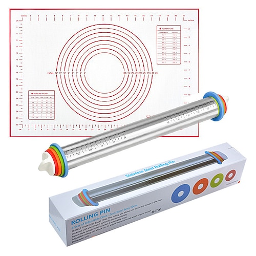 Verstellbarer Nudelholz mit Backmatte, Teigroller aus Edelstahl mit Skala, einstellbare Teigstärke zum Backen, inklusive Backmatte und Teigset für einfaches Ausrollen Image