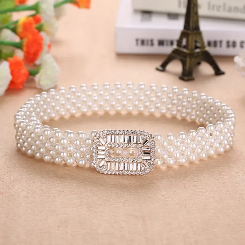 Elegante Frauen Perle Taille Gürtel Elastische Schnalle Kette Gürtel Weibliche Mädchen Kleid Kristall Strap Image