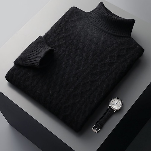 Herren Wollpullover Strickpullover Gerippt Stricken Normale Oberteile Gestrickt Einfach Hoher Ausschnitt Mode Streetwear Alltagskleidung Ausgehen Bekleidung Herbst Winter Blau Karamell S M L Image