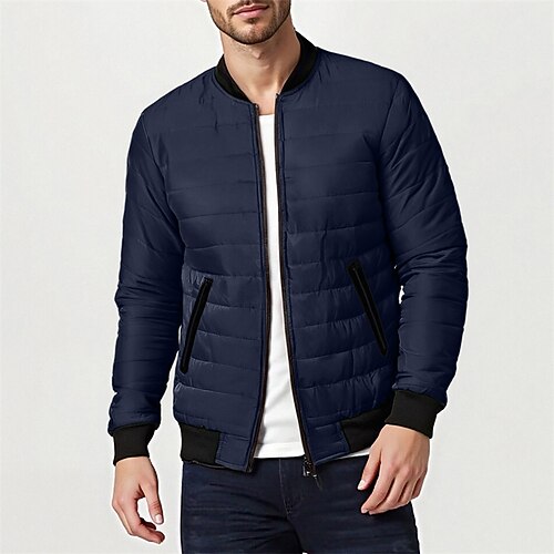 Herren Wintermantel Daunenjacke Gepolstert Tasche Kariert Polyester Lässig Täglich Outdoor Regulär Mode Streetwear Thermowarm Winter Einfarbig Blau Dunkelgrau Wein Schwarz Pufferjacke Image