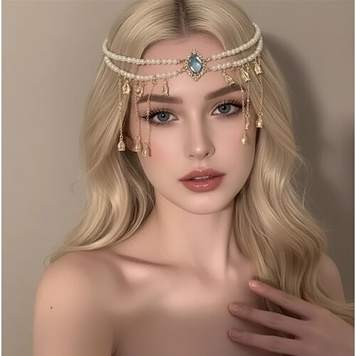 Samba Accessoires Braut Perlen Stirn Kopfstück - Kristallstein Gold Quaste Hängehalskette Hochzeits Haarschmuckl Performance Kostüm Image
