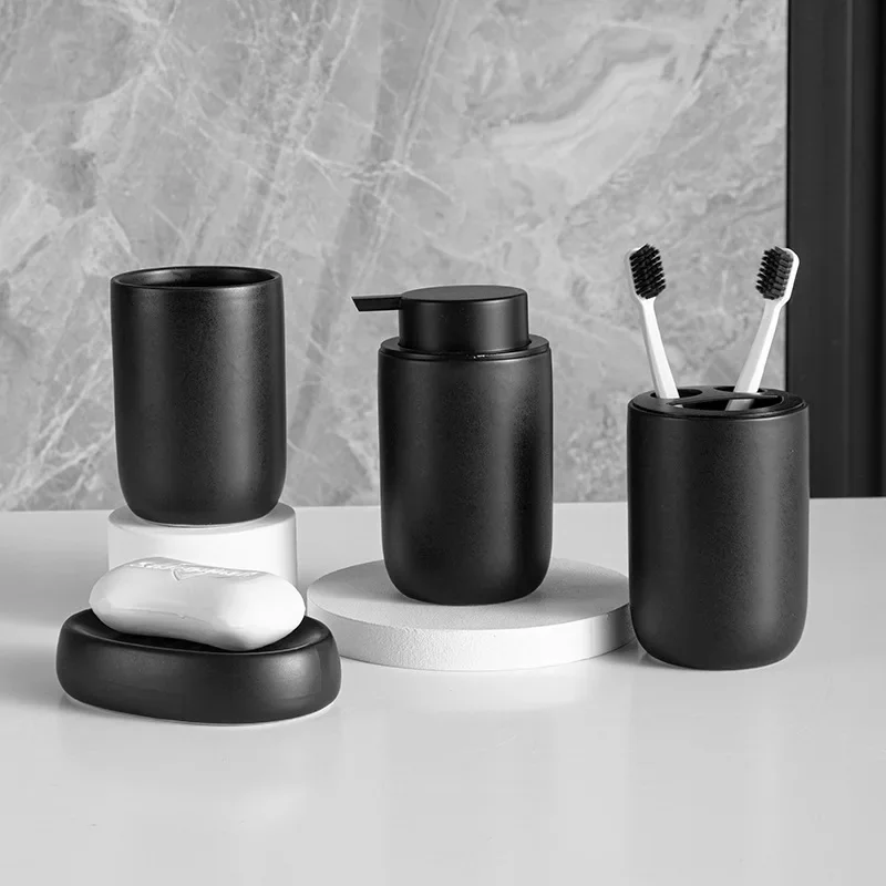 Nordische Keramik Bad Lotion Flasche Presse Hände desinfektion mittel Flasche Mundwasser Tasse Zahnbürsten halter schwarz Flüssig seifensp ender Image