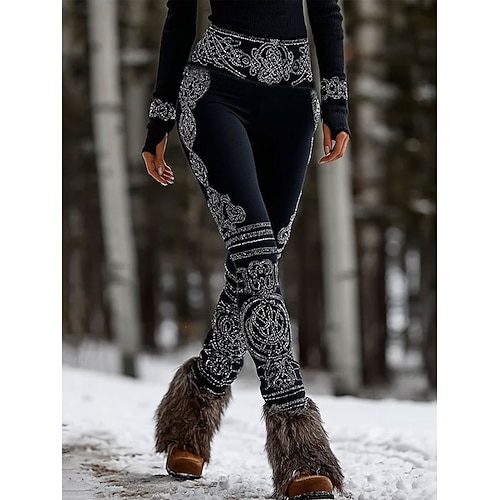 Damen Leggings Urlaub Vintage Ethno-Stil Volle Länge Hohe Taille Grafik Geometrisch Weich Bequem Dehnbar Täglich Heim Outdoor Blau Schwarz Rot Grün Sommer Frühling Herbst Winter Schmale Passform Image