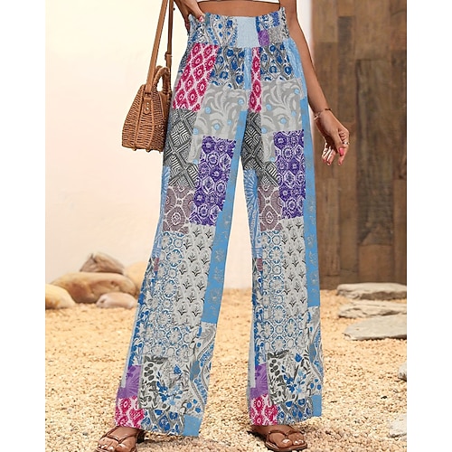 Damen Weite Hosenbeine Weites Bein Chinos Hosen Hose Urlaub Streetwear Basic Volle Länge Mittlere Taillenlinie Blumen Kordelzug Patchwork Tasche Bequem Komfort Unelastisch Mikroelastisch Täglich Image