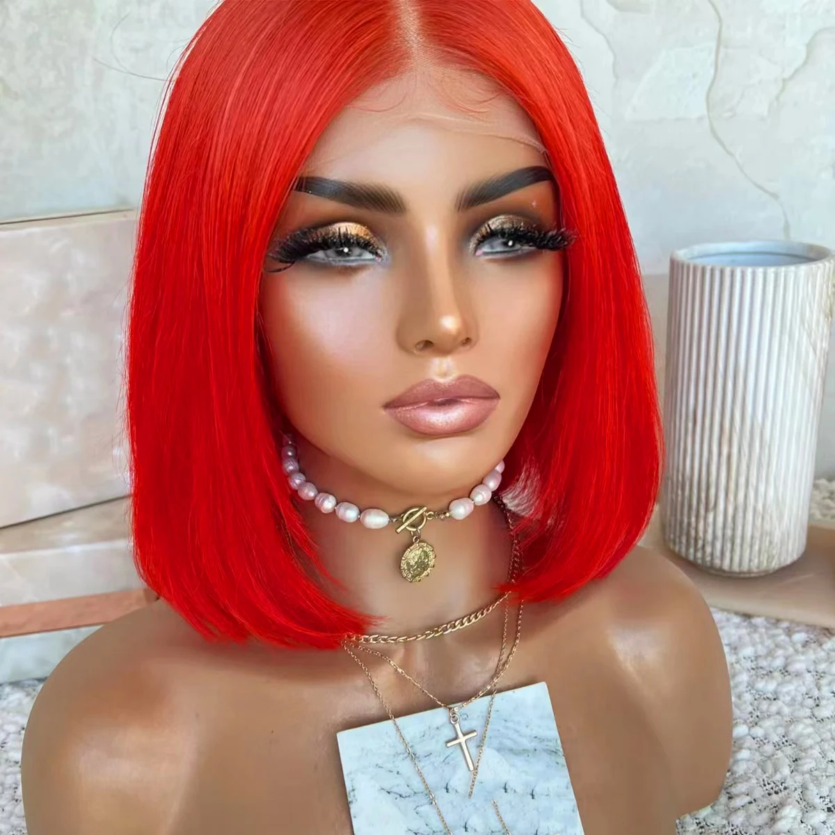 AIMEYA Heiße rote Bob-Perücken für Frauen und Mädchen, hitzebeständig, natürlich, gerade, kurze Spitze-Front-Perücke, Kunsthaar, tägliches Tragen, BOB-Perücke