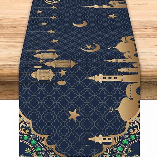 Tischläufer für Ramadan-Eid, Mond Tischdecke mit Goldmuster, hitzebeständig, geeignet für Küche und Eingangsbereich, elegantes Wohnaccessoire für Feiertage und den täglichen Gebrauch Image