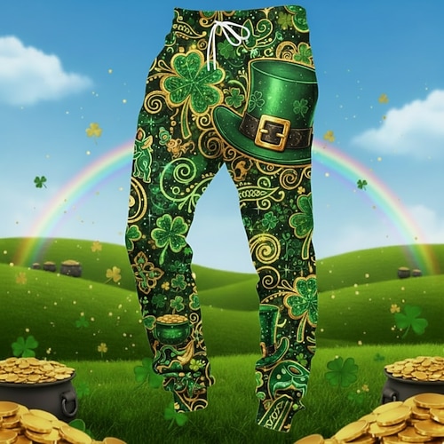 Herren Sweatpants Jogginghosen Hosen Kordelzug Tasche Elastischer Bund Grafisches Vierblättriges Kleeblatt Komfort Atmungsaktiv Alltags Outdoor St. Patrick's Day Urlaub Mode Hellgrün Dunkelgrün Image