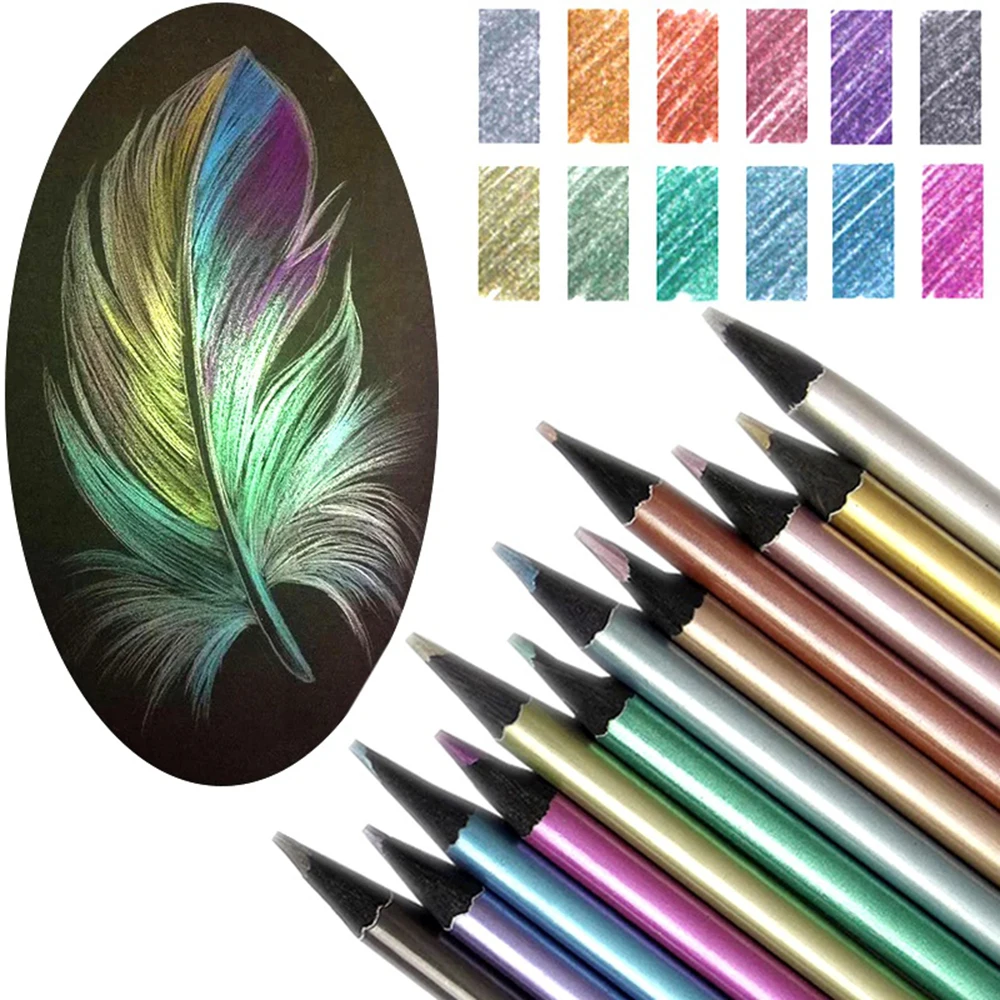 12-Farben-Metallic-Bleistift, farbiger Zeichenstift, Skizzenstift, Malerei, Buntstifte, Künstlerbedarf, Farbstift-Set Image