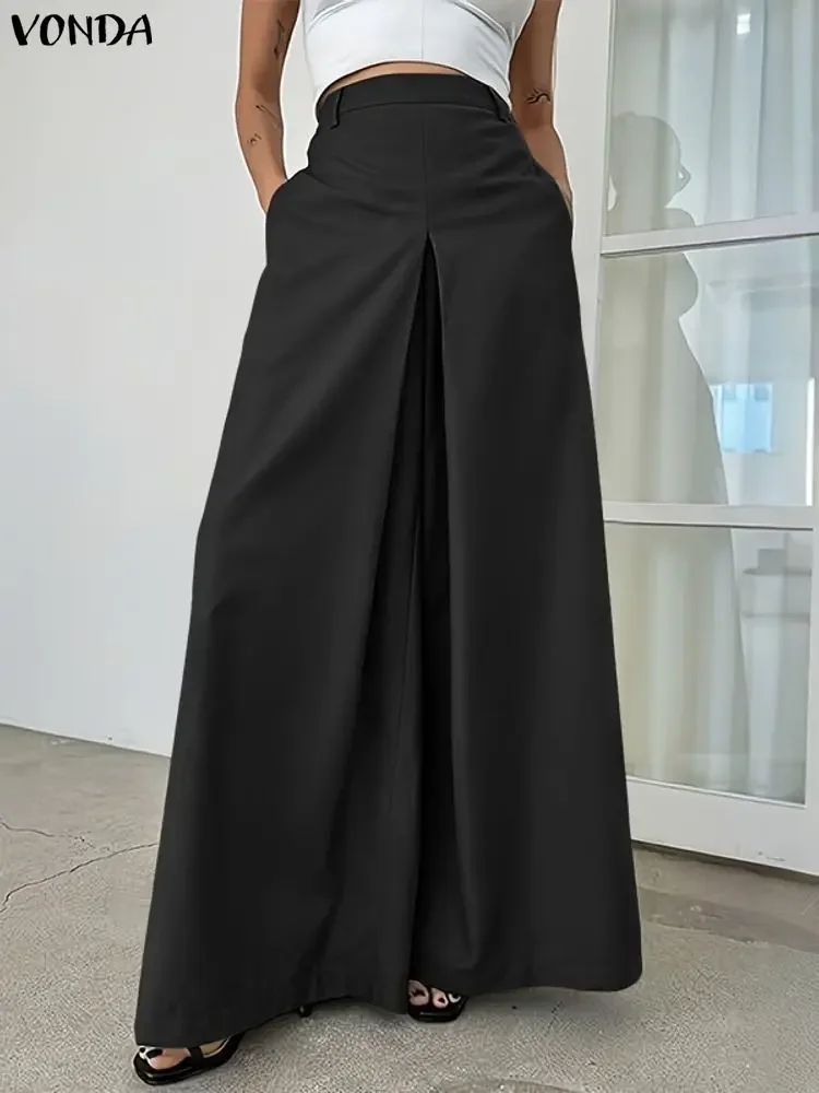 Plus Größe Frauen Hosen Elastische Taille Casual Koreanischen Stil Taschen Lange Hosen VONDA 2025, Fashion Solid Vintage OL Arbeit Böden Image