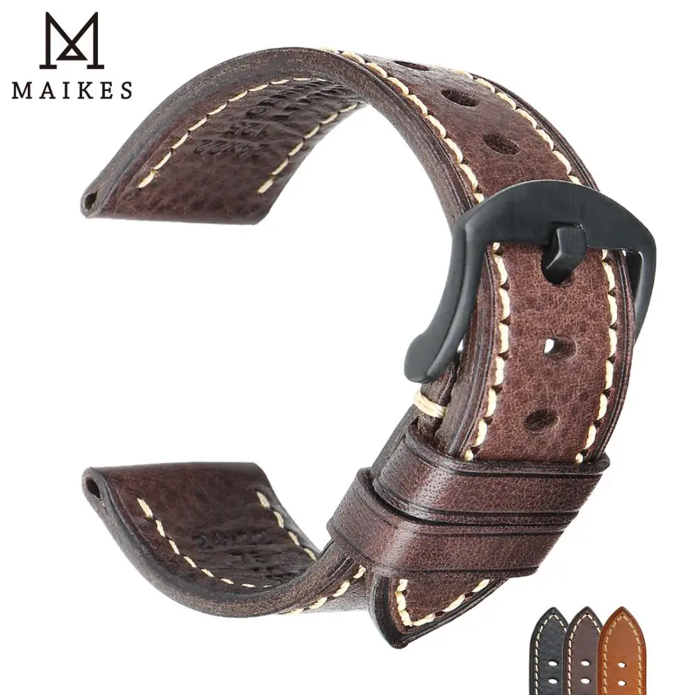 Maikes hand gefertigtes Leder armband 20mm 22mm 24mm schwarze Schnalle Rindsleder Uhren armbänder für Mido Rolex Armband Image