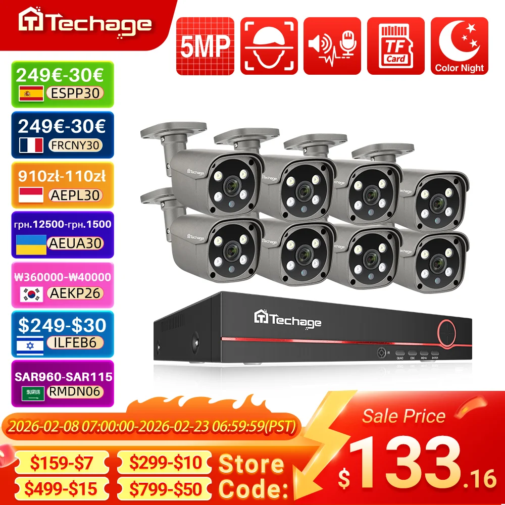 Techage 8CH 5MP HD POE CCTV Sicherheit Kamera System Home Video Überwachung NVR Kit Gesichtserkennung Outdoor IP Kamera Set Xmeye Image