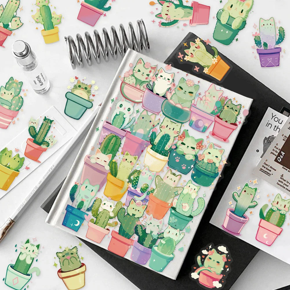 50PCS Nette Cartoon Katze Kaktus Dekoration Graffiti Aufkleber DIY Gepäck Notebook Skateboard Motorrad PET Wasserdichte Aufkleber Image