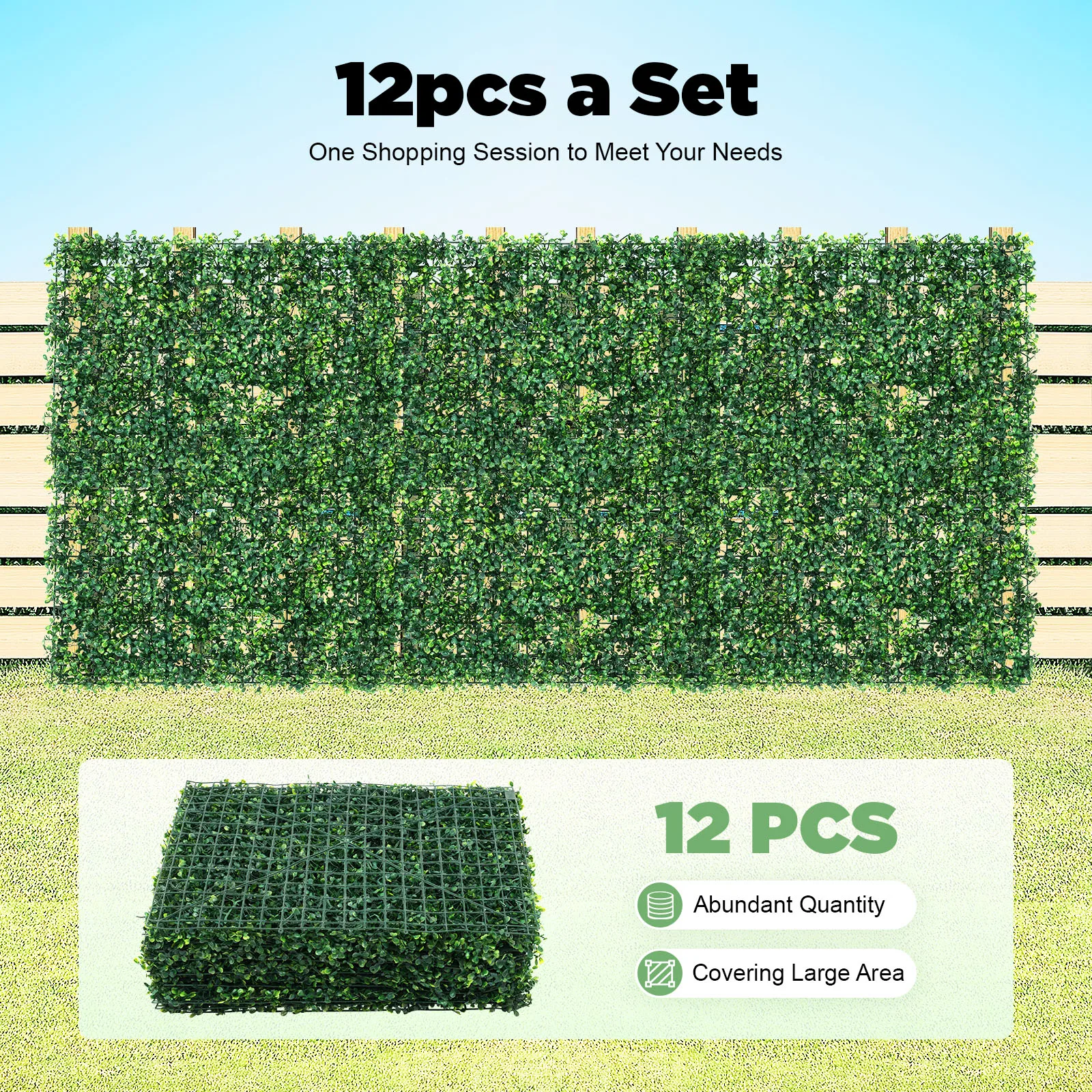 12 Stück künstliche Mattenplatte, künstliche Buchsbaumplatten, quadratische Topiary-Hecke, Pflanzen-Sichtschutz-Hecke für Outdoor-Indoor-Gärten, Wände Image