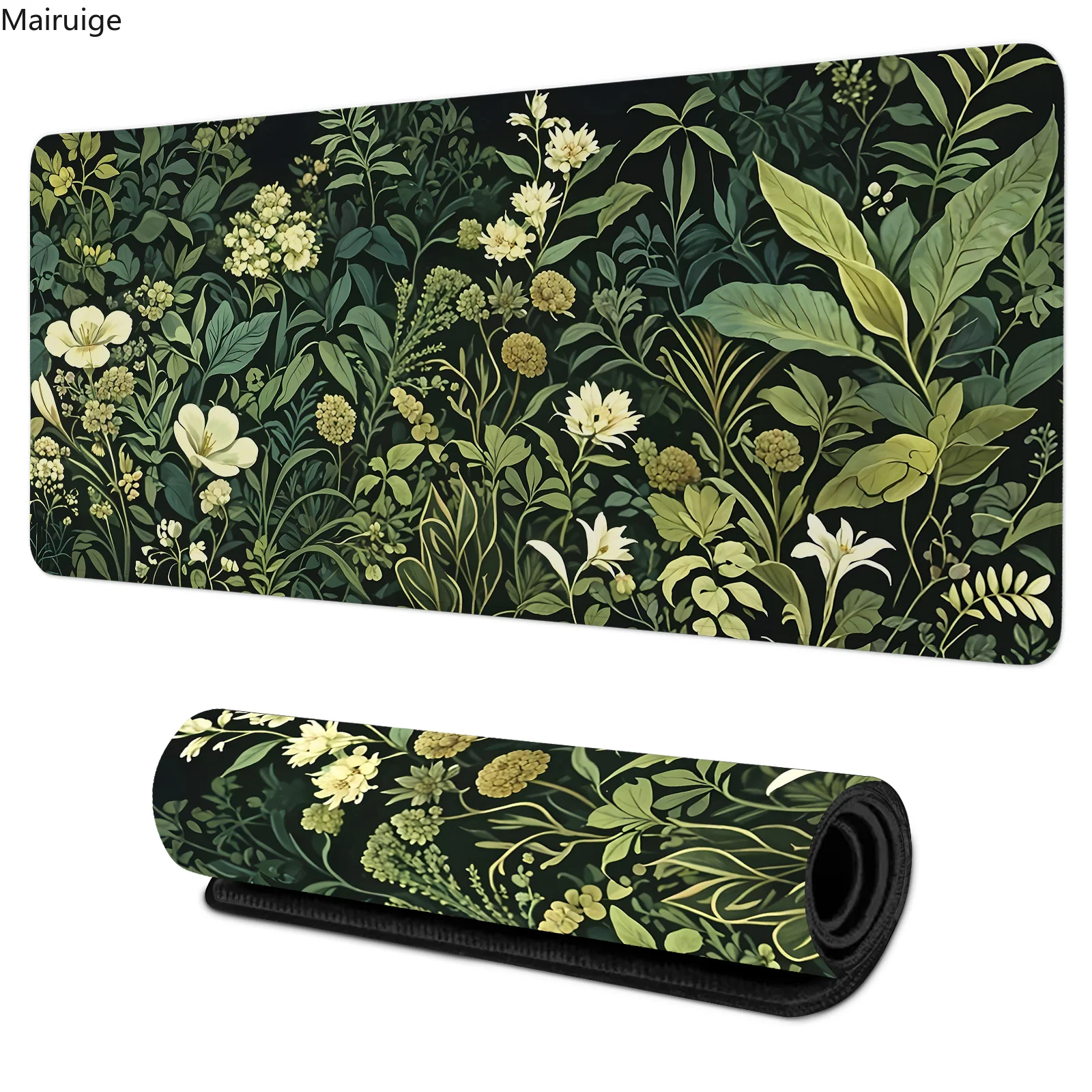 900 x 400 mm großes Mauspad mit botanischem grünem Blumenpflanzen, großes Schreibtischunterlage, rutschfestes Gaming-Zubehör, Mauspad, genähte Kanten für das Büro Image