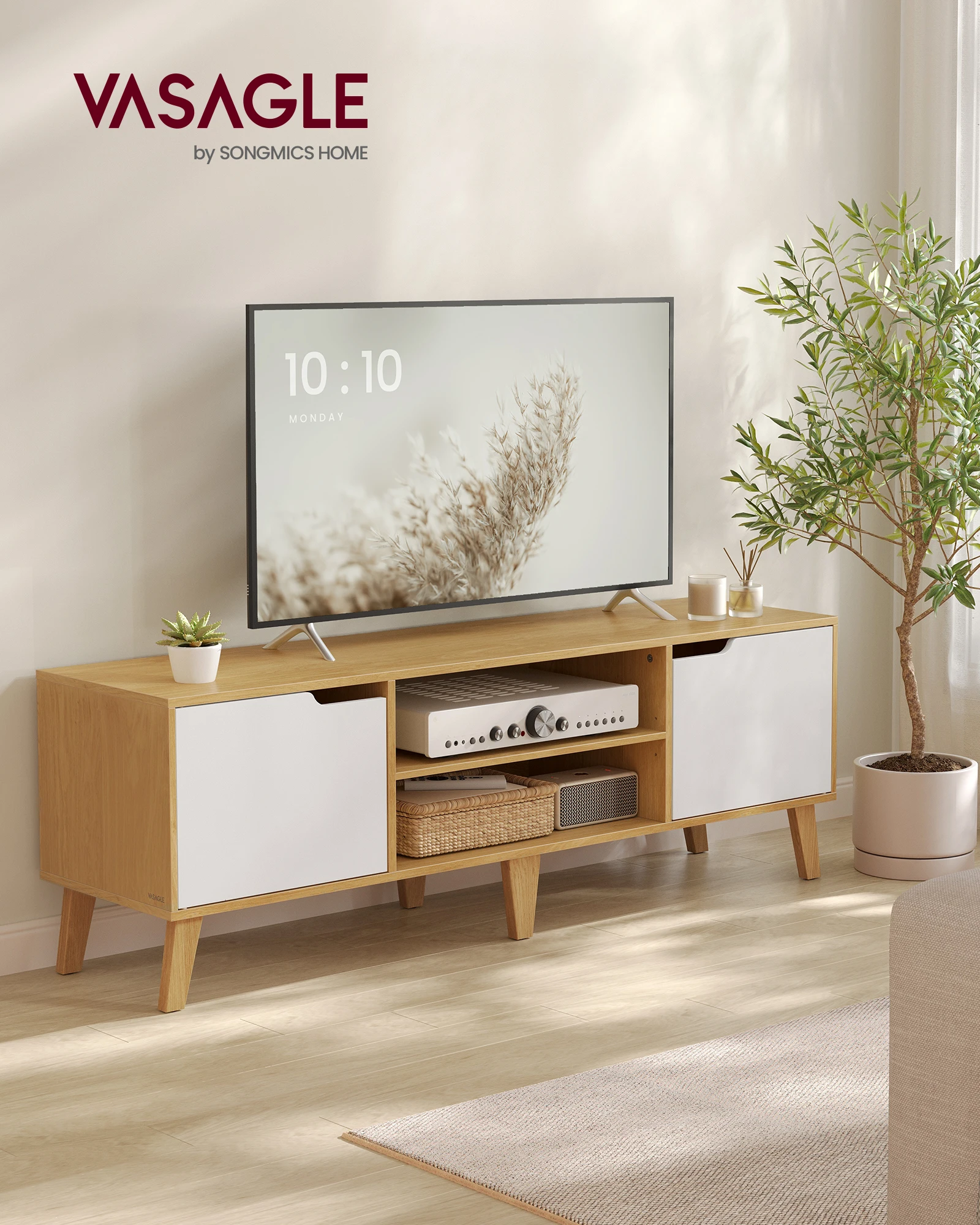 VASAGLE TV-Ständer, TV-Halterung mit verstellbarem Regal, für Fernseher bis zu 65 Zoll, 147 cm lang, Übergangsstil, für Wohnzimmer Image
