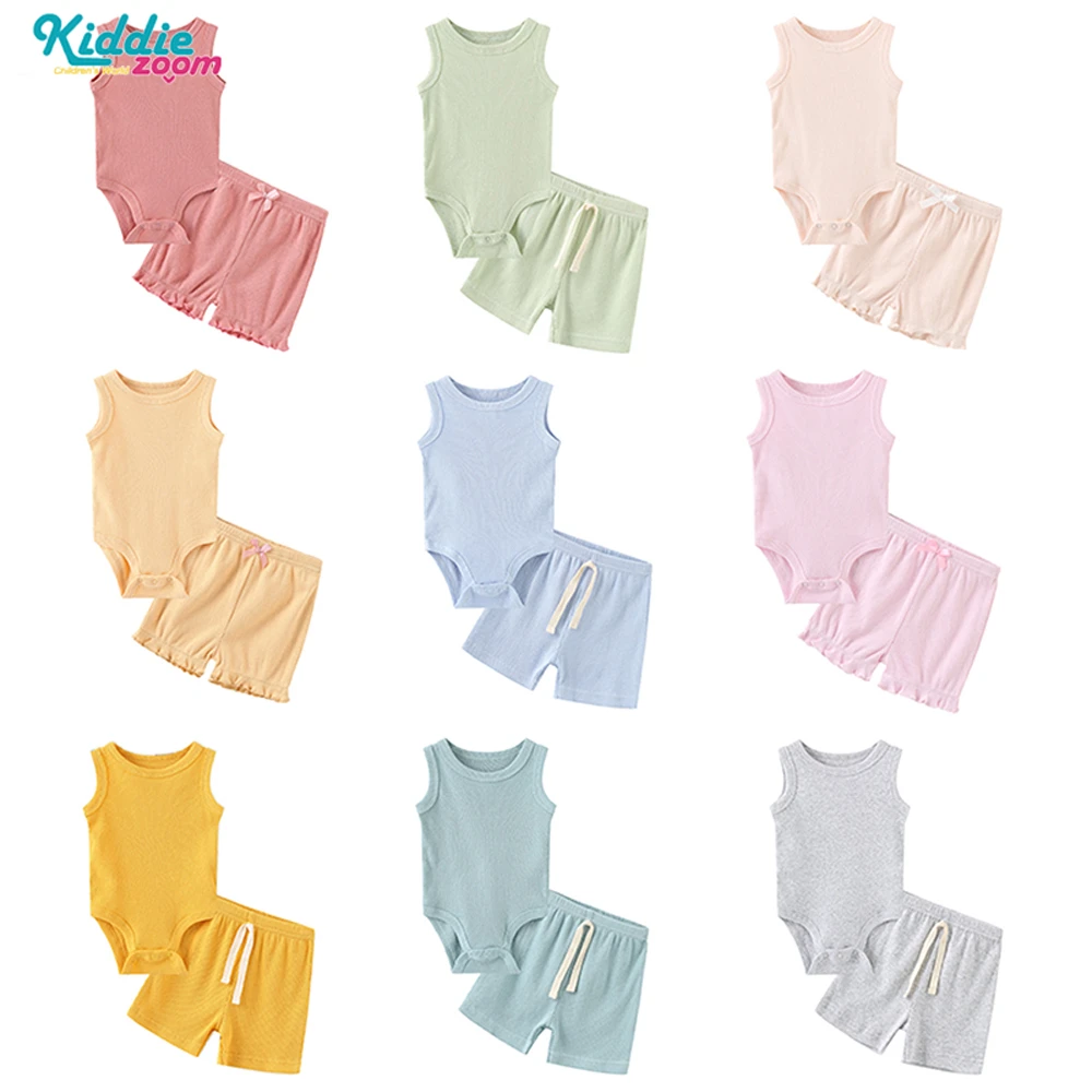 Kiddiezoom Sommer Mode Cartoon ärmellose Baby Boy Girl Body suits Hosen weiche Baby Boy Girl Kleidung Image