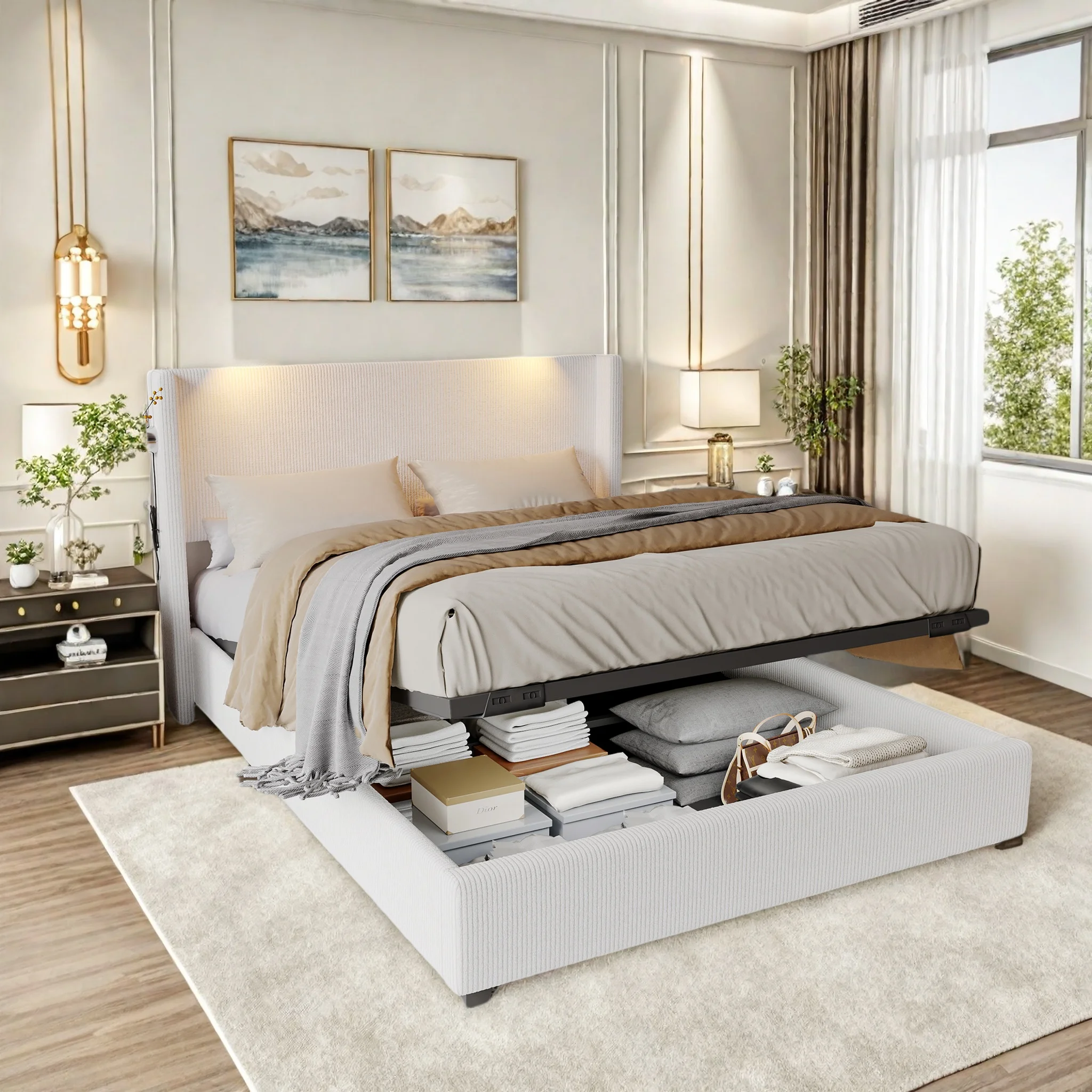 Polsterbett 140 x 200 cm, Stauraumbett, Bettgestell mit USB-Anschluss, Leselampe, Kopfteil, Kinderbett, Doppelbett mit Lattenrost, hydraulischer Stauraum Image