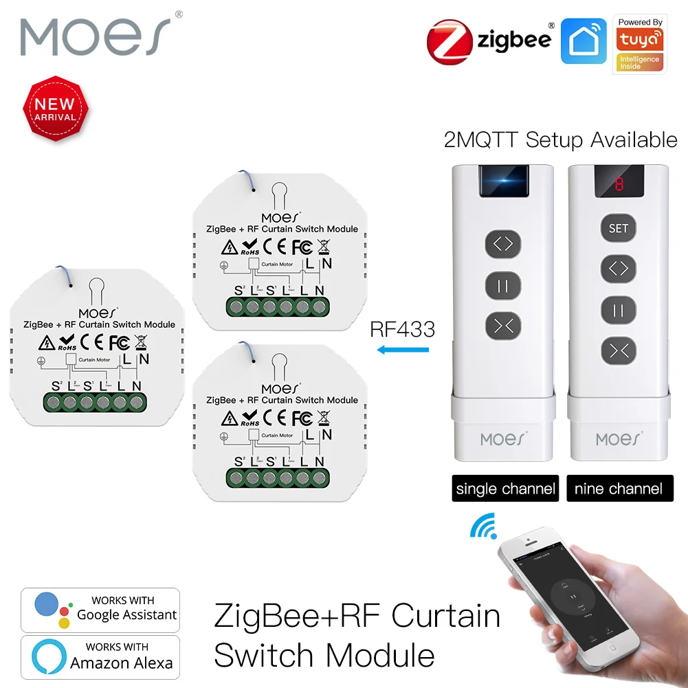 MOES ZigBee Smart RF433 Vorhangschaltermodul für motorisierte Rollladenjalousien Motor 2MQTT Smart Life APP Alexa Google Home Image