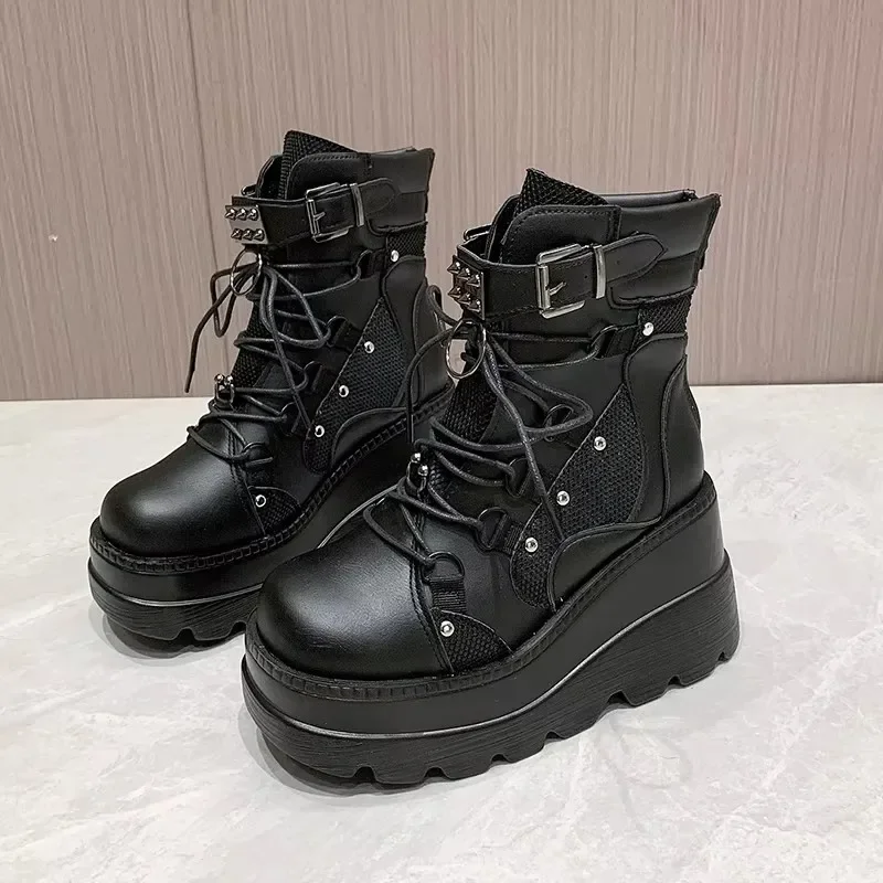 2025 neue Design Frauen Punk Gothic Motorrad Stiefel Plattform Chunky High Heel Ankle Boot Damen Kühlen Keil Schwarz Weibliche Schuhe