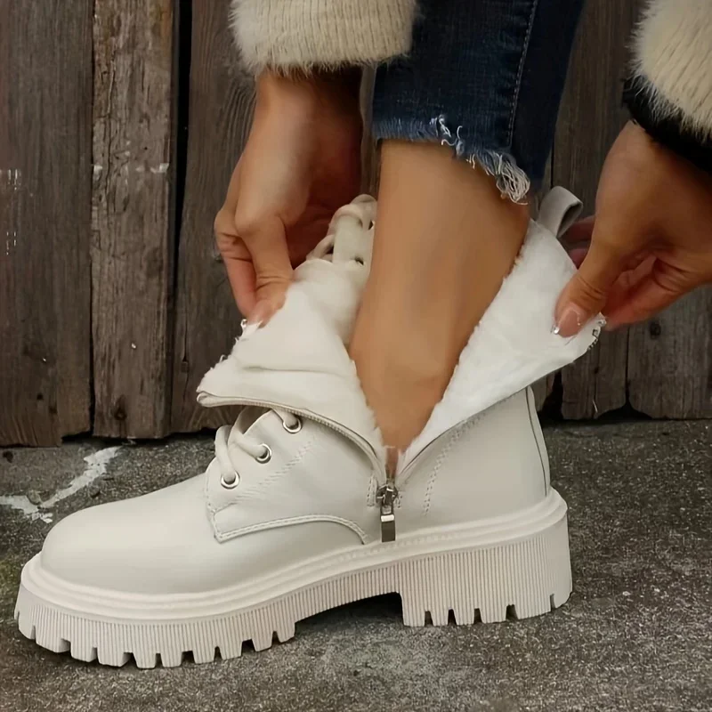 Damen-Plateaustiefel, kurz, Plüsch, einfarbig, Schnürung, seitlicher Reißverschluss, Stiefeletten, Winter-Damenschuhe, 2024, große Größe 42, Damenschuhe