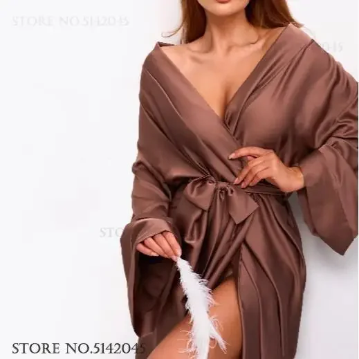 Mode Eis Seide Weibliche Lange Robe Hause Dressing Kleid Sexy V-ausschnitt Kimono Bademantel Kleid Frühling Sommer Lose Nachtwäsche Nachthemd Image