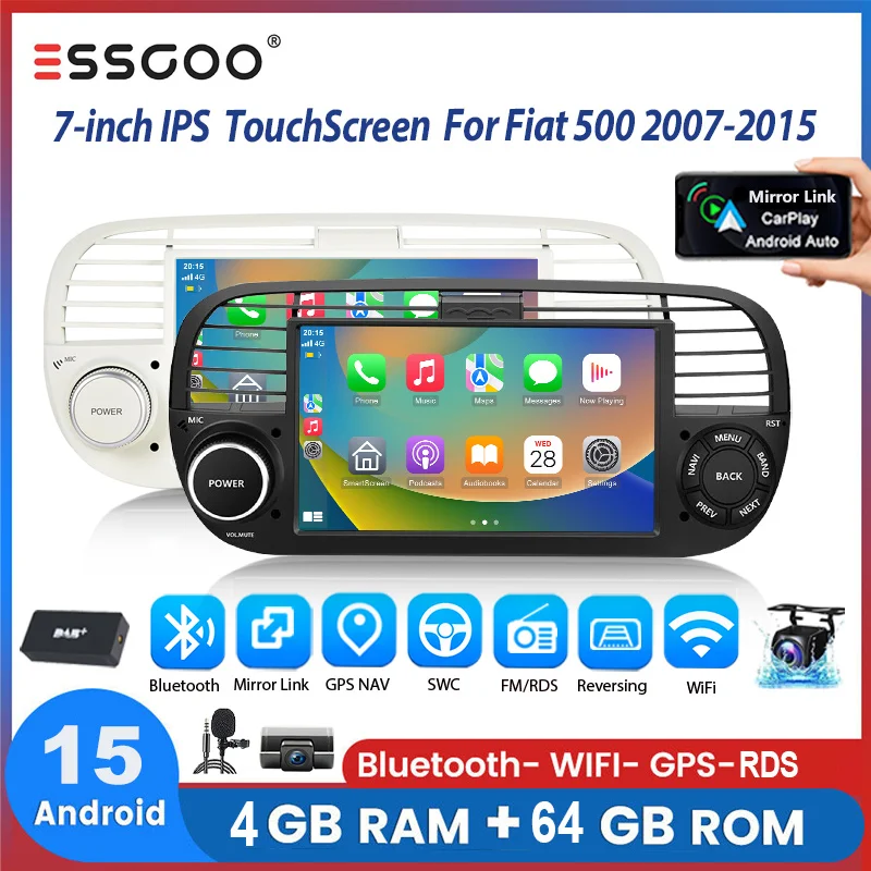 Autoradio ESSGOO Android15 7" 4+64 GB per Fiat 500 2010-2015 Touchscreen Navigazione GPS CarPlay Wireless Bluetooth RDS WiFi FM RDS CANBUS Mirror Link Android Auto Controlli al Volante