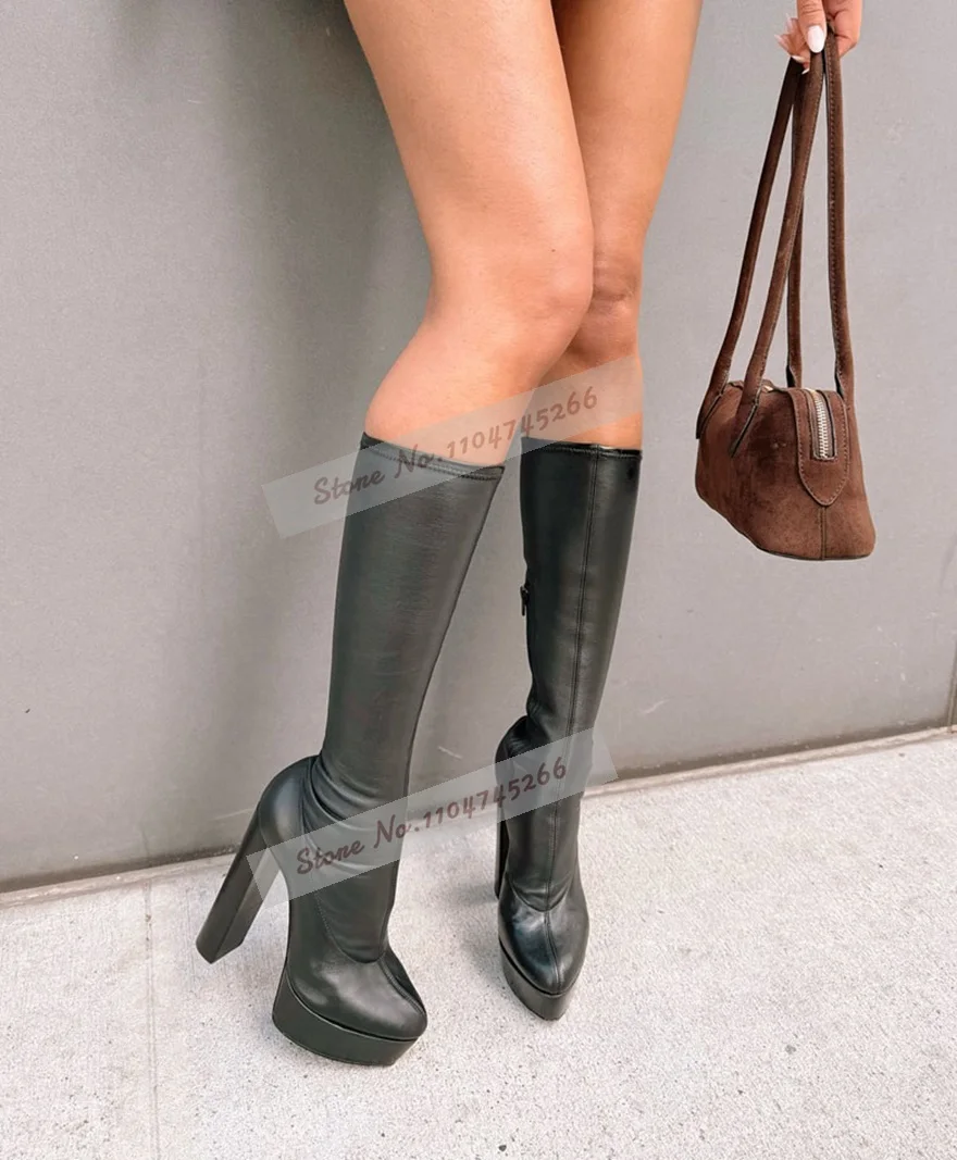 Kniehohe Stiefel mit Holzmuster, klobigem Absatz, Plattform, dehnbar, figurbetont, hohe Stiefel, schwarz, matt, mit Reißverschluss, sexy, elastische, dünne Schuhe