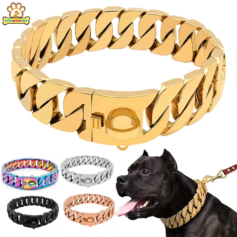 32 MM Breite Starke Metall Hund Kette Halsbänder Edelstahl Hund Halsband Pitbull Gold Hund Halskette Für Große Hunde