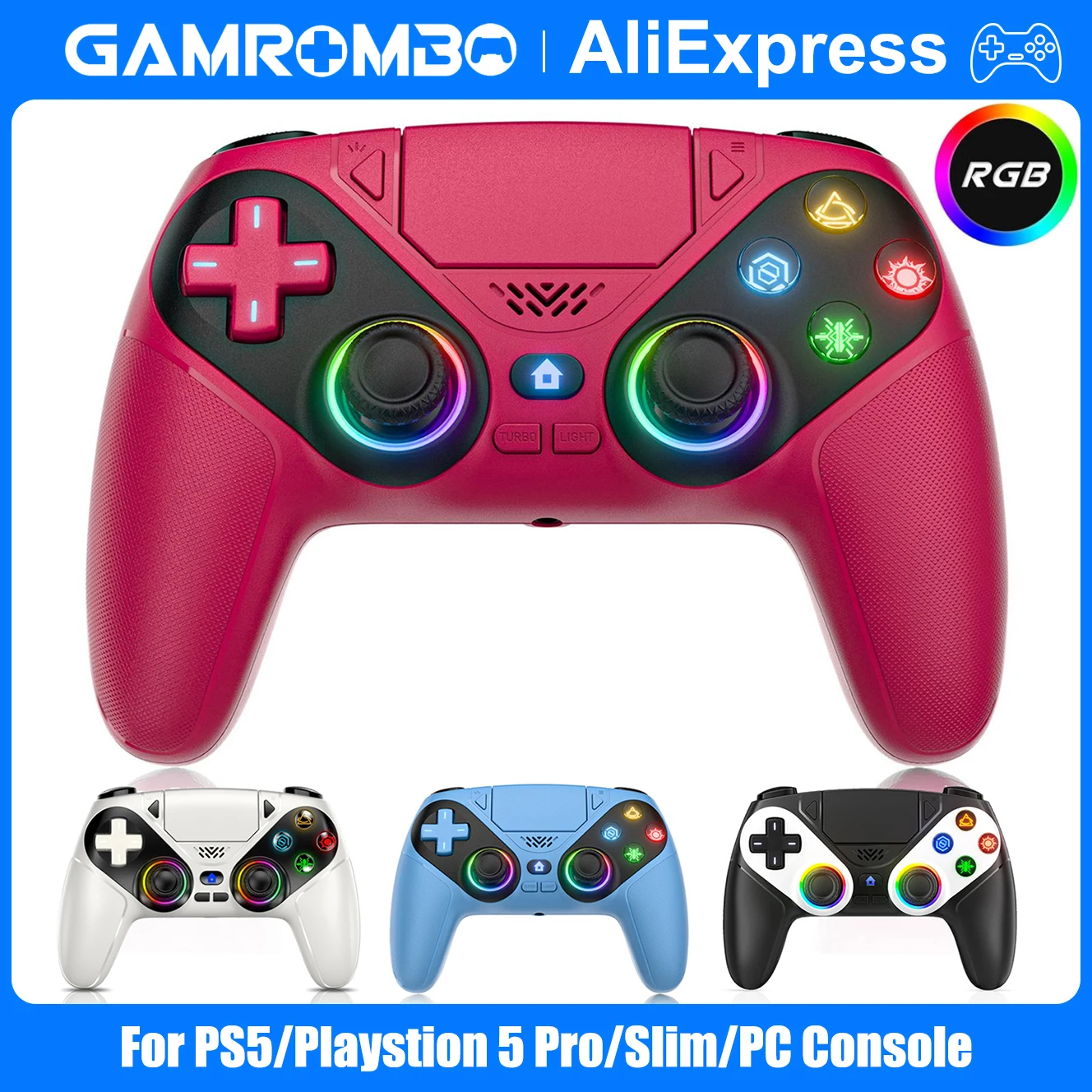 GAMROMBO Wireless Controller für PS5/Playstion 5 Pro/Slim/PC-Konsole mit RGB Dual Vibration Marco/Turbo-Funktion 3,5-mm-Audio-Buchse Image