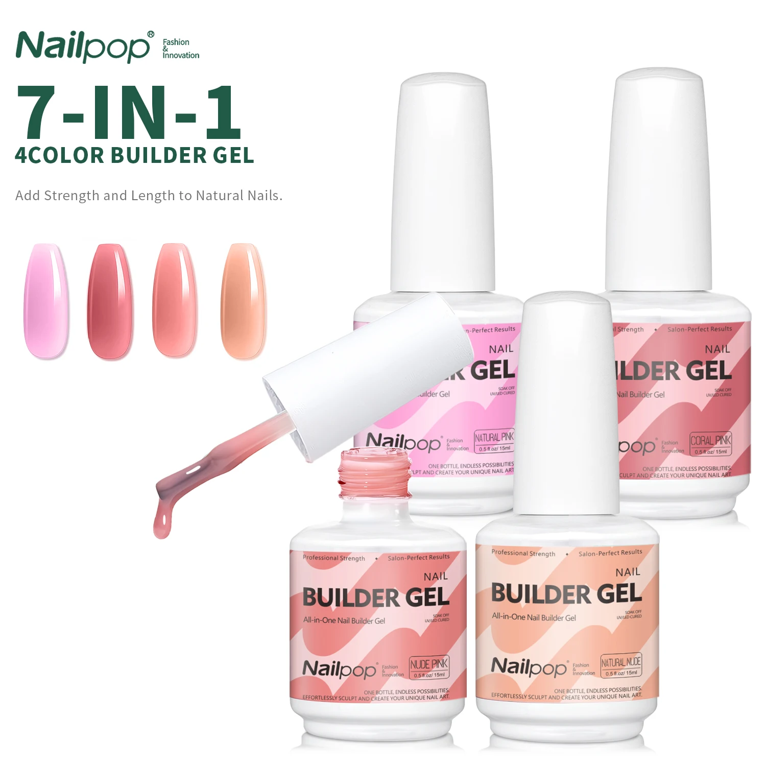 Nailpop 7IN1 Multifunktions-Builder-Gel, 4 Farben, Verlängerungsstärke, Apex-Baustein für anfängerfreundliche Maniküre, 15 ml Image