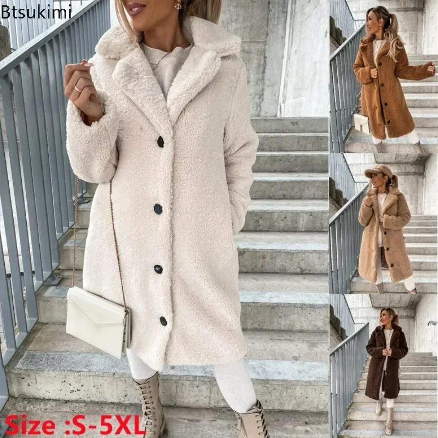 2026 frauen Winter Faux Wolle Mischungen Warme Mantel Einreiher Oberbekleidung Teddy Plüsch Mäntel Weibliche Chic Streetwear Mäntel 5XL