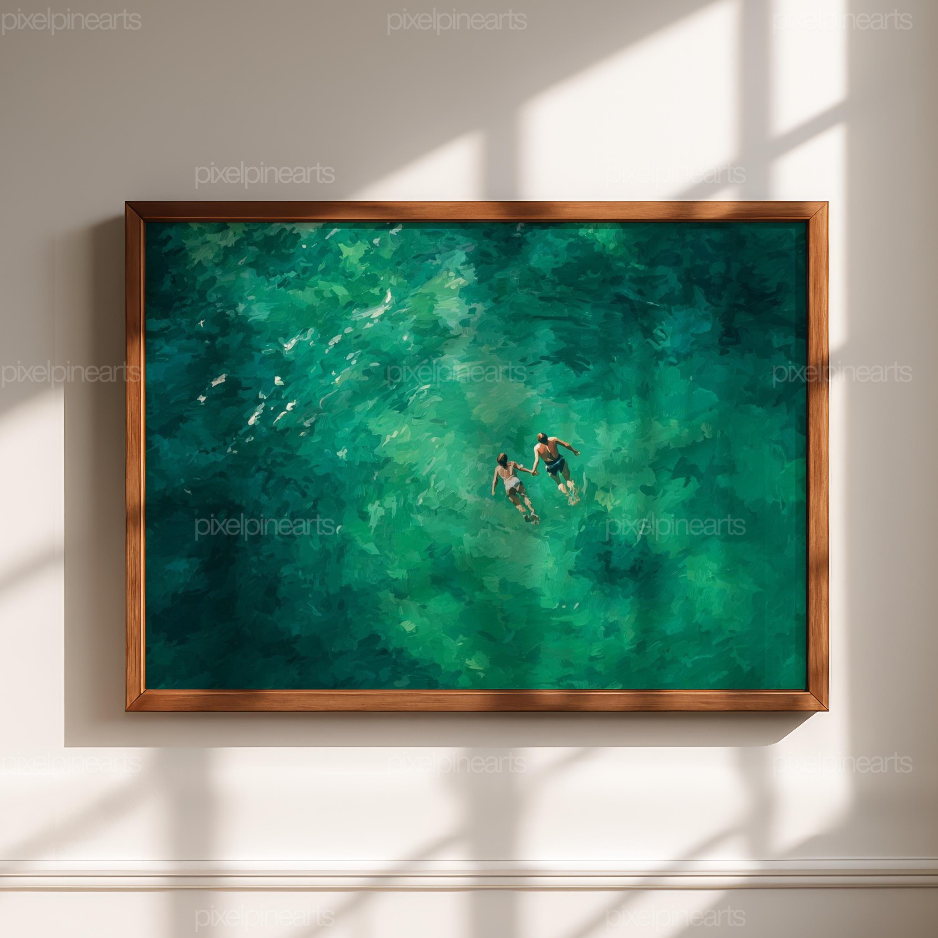Stampa di nuoto con mani che si stringono / Opera d'arte astratta retrò per piscina / Decorazione murale minimalista estiva a tema oceano / Arte digit