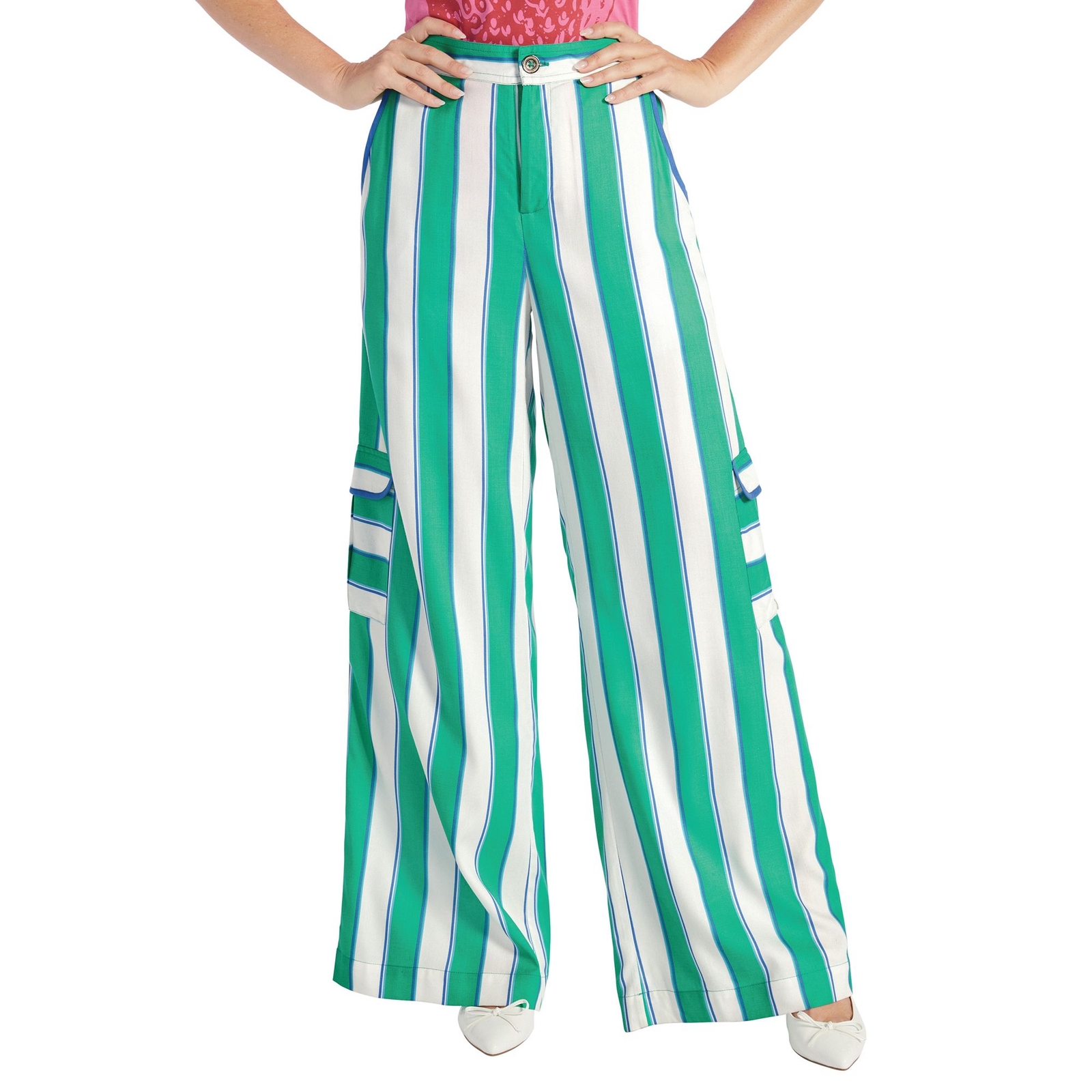 Masseys Cargo Wide-Leg Trouser (Size 26W) Green/White/Blue Stripe, Viscose