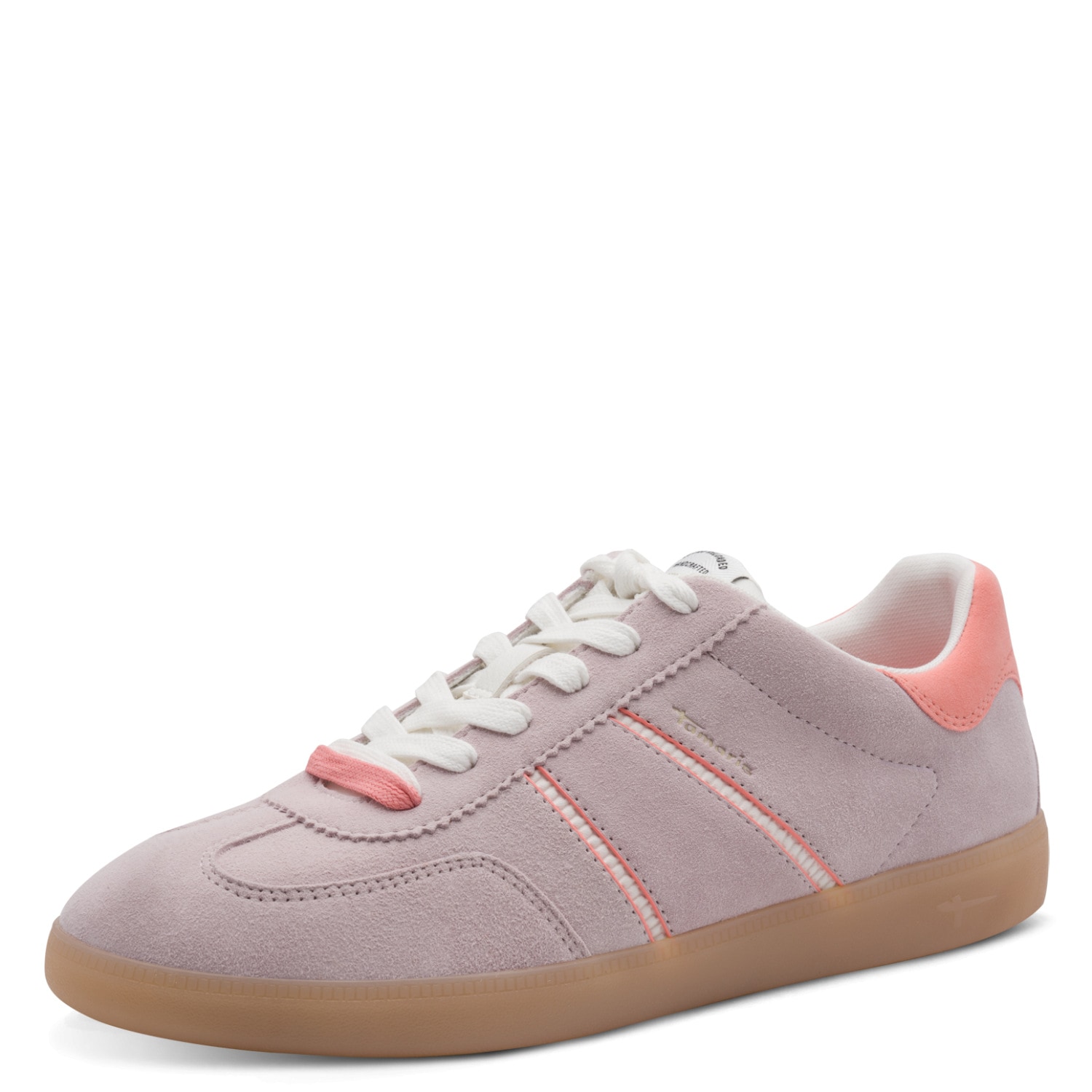 Plateausneaker TAMARIS, Damen, Gr. 42, lila, rose, Lederimitat, Veloursleder, unifarben mit Farbeinsatz, Schuhe Plateausneaker, Freizeitschuh, Halbschuh, Schnürschuh mit gepolstertem Schaftrand