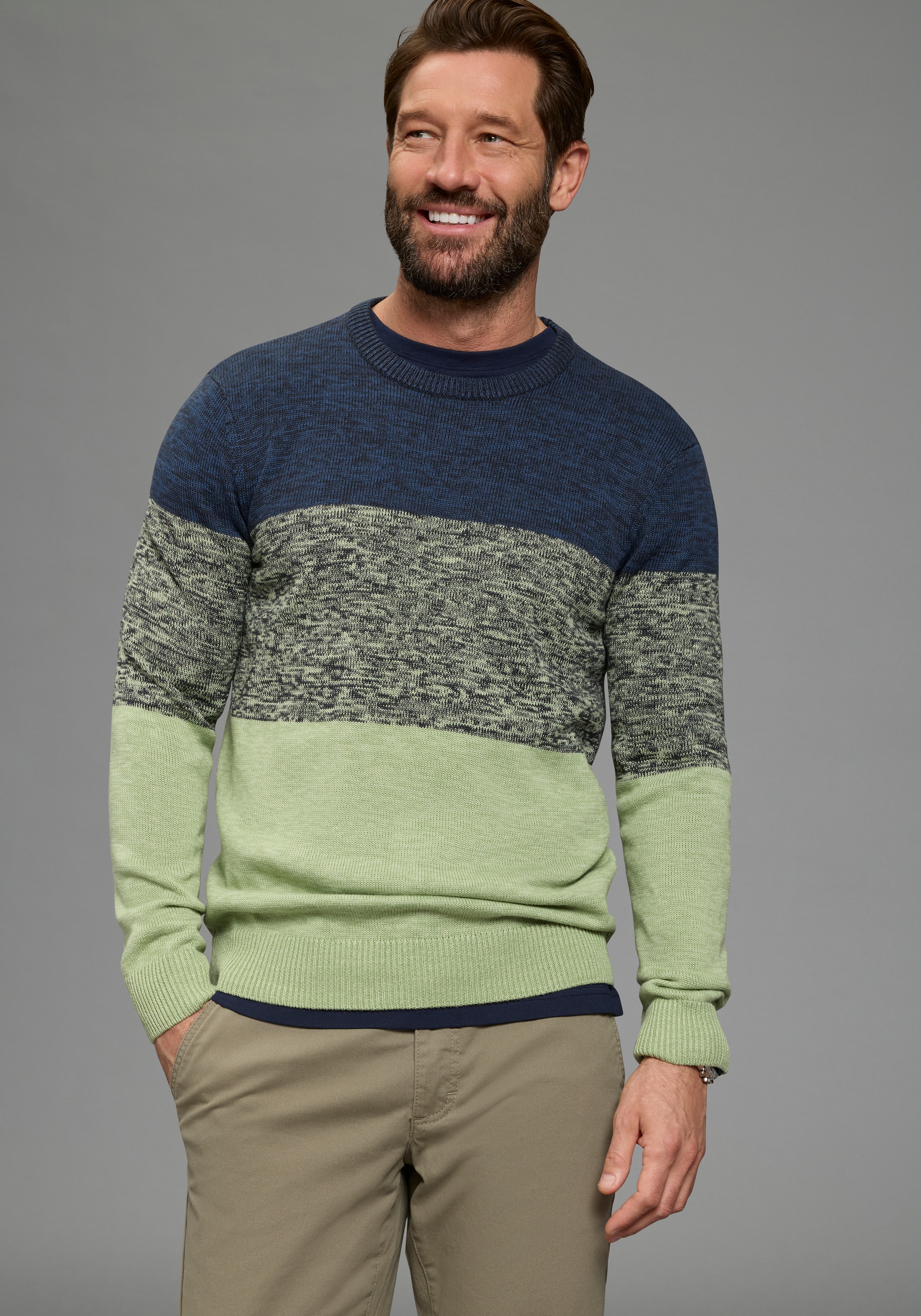 Rundhalspullover MAN'S WORLD "Bis Größe 5 XL", Damen, Gr. XL (56/58), grün, blau, Strick, Obermaterial: 50% Baumwolle, 50% Polyacryl, meliert, regular fit, Rundhals, Rippstrickbündchen, Pullover Rundhalspullover, mehrfarbig